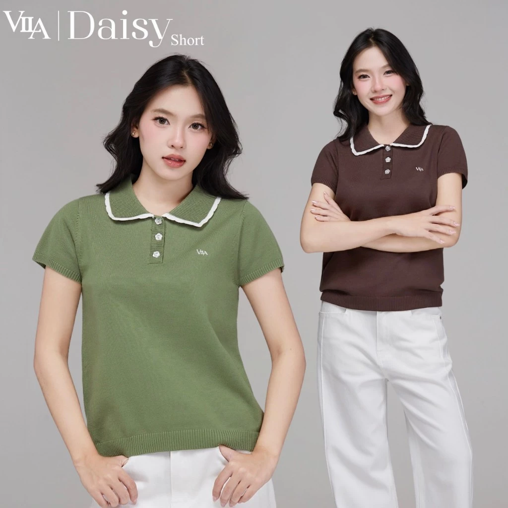 VILA I VL130 Daisy Short เสื้อไหมพรมแขนสั้น กระดุมดอกไม้