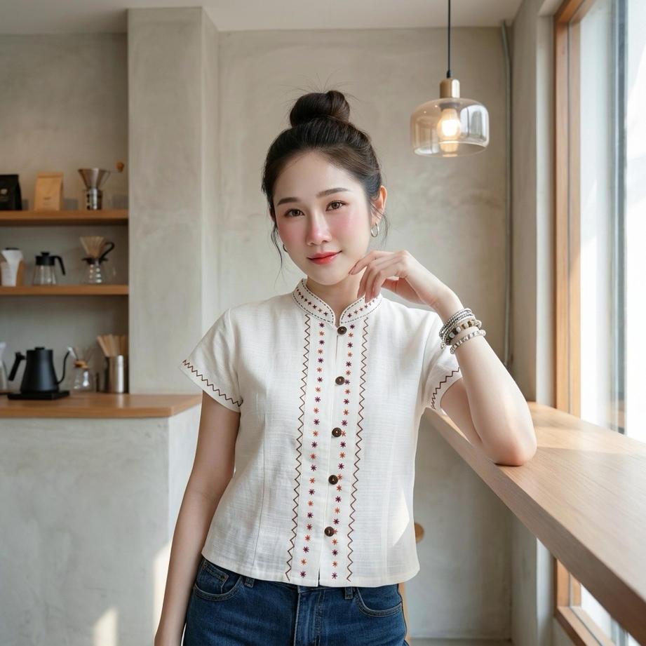 เสื้อผ้าฝ้ายผู้หญิง ทรงเข้ารูปปักดอก งานปักมือ Handmade ผ้าพื้นเมือง