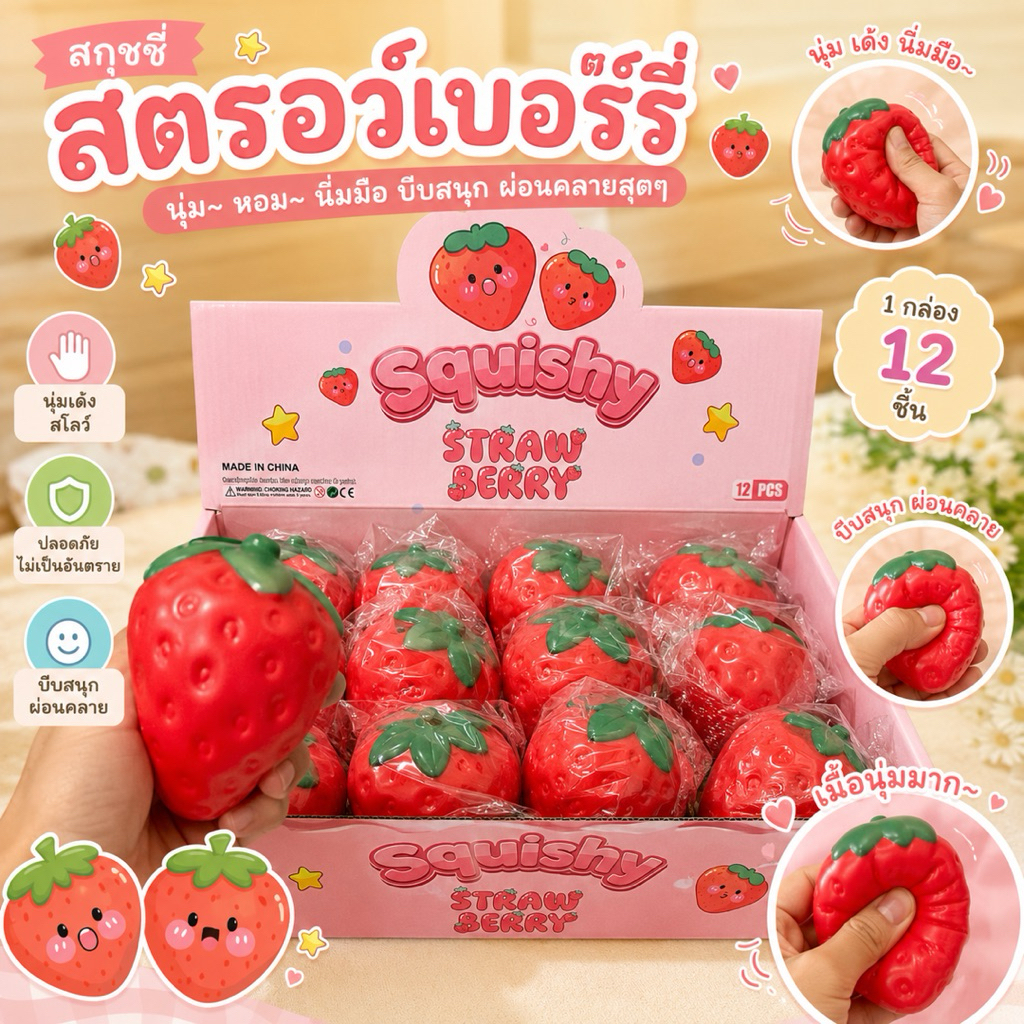 Squishy Strawberry ลูกสตรอว์เบอร์รี่จัมโบ้ ของเล่นคลายเครียด