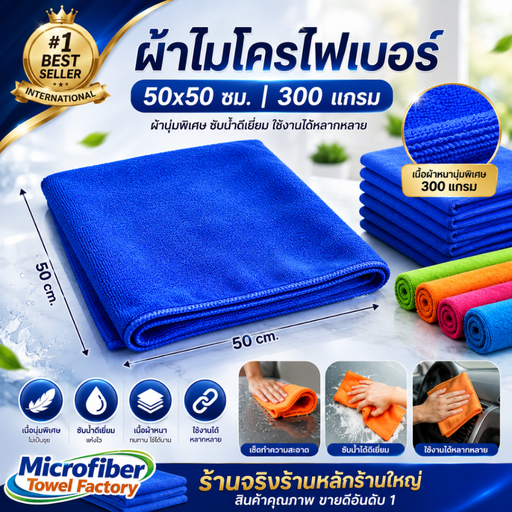 ผ้าเช็ดทําความสะอาด ผ้าไมโครไฟเบอร์ ขนาด 50x50 ความหนา300 แกรม  ผ้าเช็ดรถ ผ้าไมโครไฟเบอร์เช็ดรถ microfiber