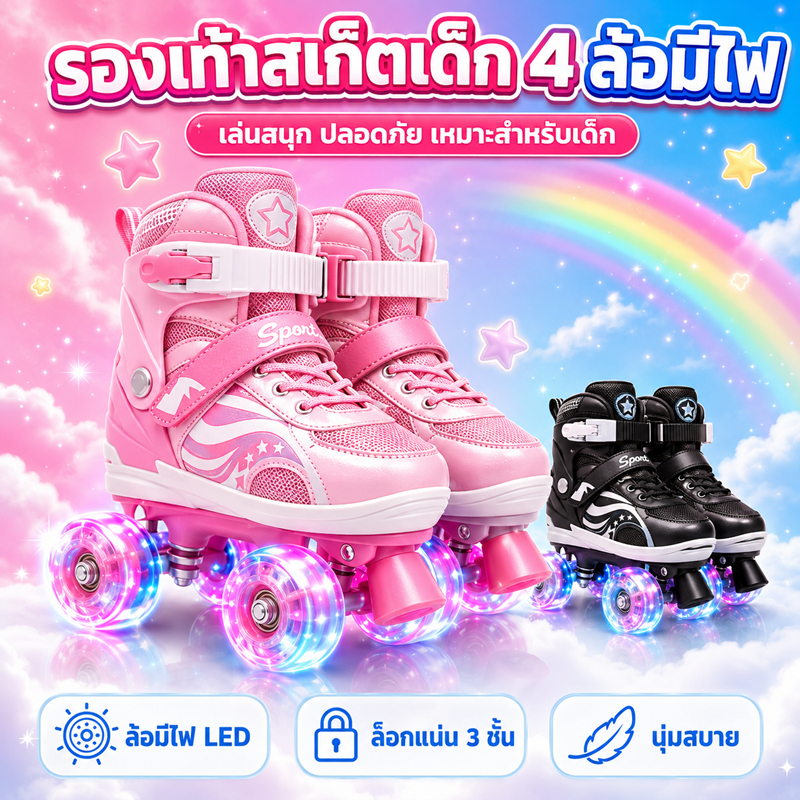 Ventas รองเท้าสเก็ตสำหรับเด็ก 4 ล้อ รองเท้าสเก็ตสำหรับเด็กหัดเล่น รองเท้าโรลเลอร์สเก็ตสำหรับผู้ชาย