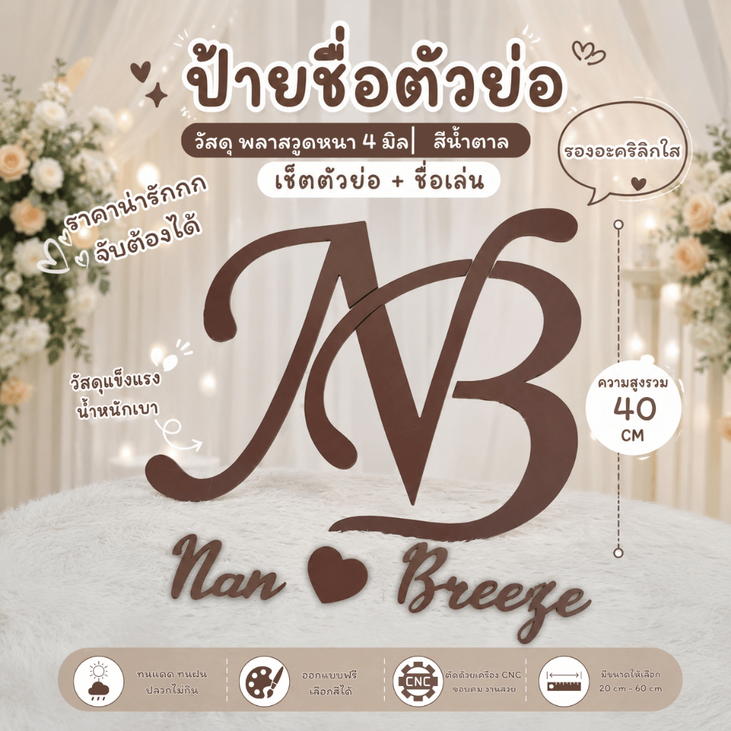 ป้ายงานแต่ง ตัวย่อพลาสวูดหนา 4 mm สูงขนาด 20-60cm + ชื่อเล่น ออกแบบฟรี