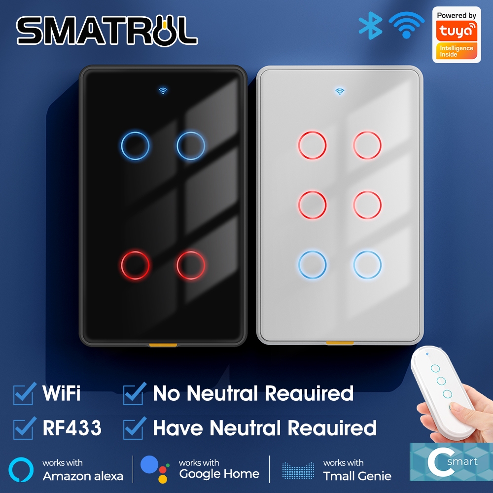 SMATRUL WiFi Smart Wall Switch Tuya RF433 สวิตช์ไฟอัจฉริยะ รองรับทั้งสาย N และไม่ใช้สาย N กระจกนิรภัย 2.5D ควบคุมผ่านแอป