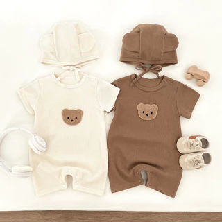 romper เด็กทารก เด็กผู้ชาย เด็กผู้หญิง แขนสั้น บอดี้สูท + หมวก 0-12 เดือน บาง ระบายอากาศ หมีน้อย วาฟเฟิล รอมเปอร์ + หมวก