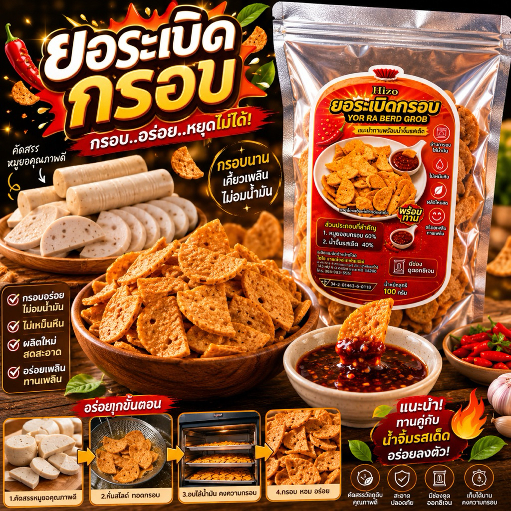 ยอระเบิดกรอบพร้อมน้ำจิ้มรสเด็ด1ห่อ39บาท3ห่อ110บาทน้ำหนักสุทธิ95กรัมต่อห่อ