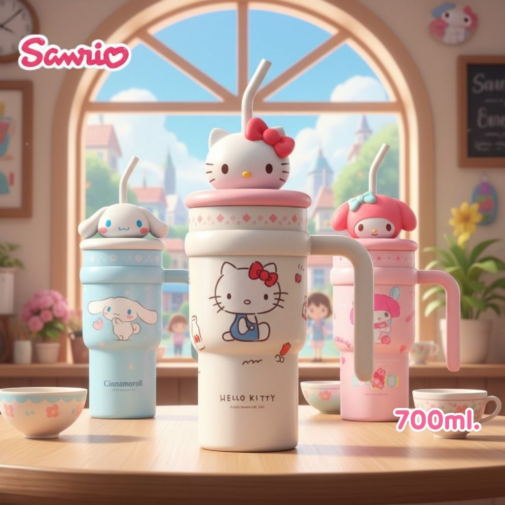 แก้วน้ำสแตนเลสสตีล Sanrio ขนาด 700ml. แก้วเก็บอุณหภูมิร้อน-เย็น ลิขสิทธิ์แท้ ดีไซน์โดดเด่นด้วยหัวตุ๊กตา 3D บนฝาปิด