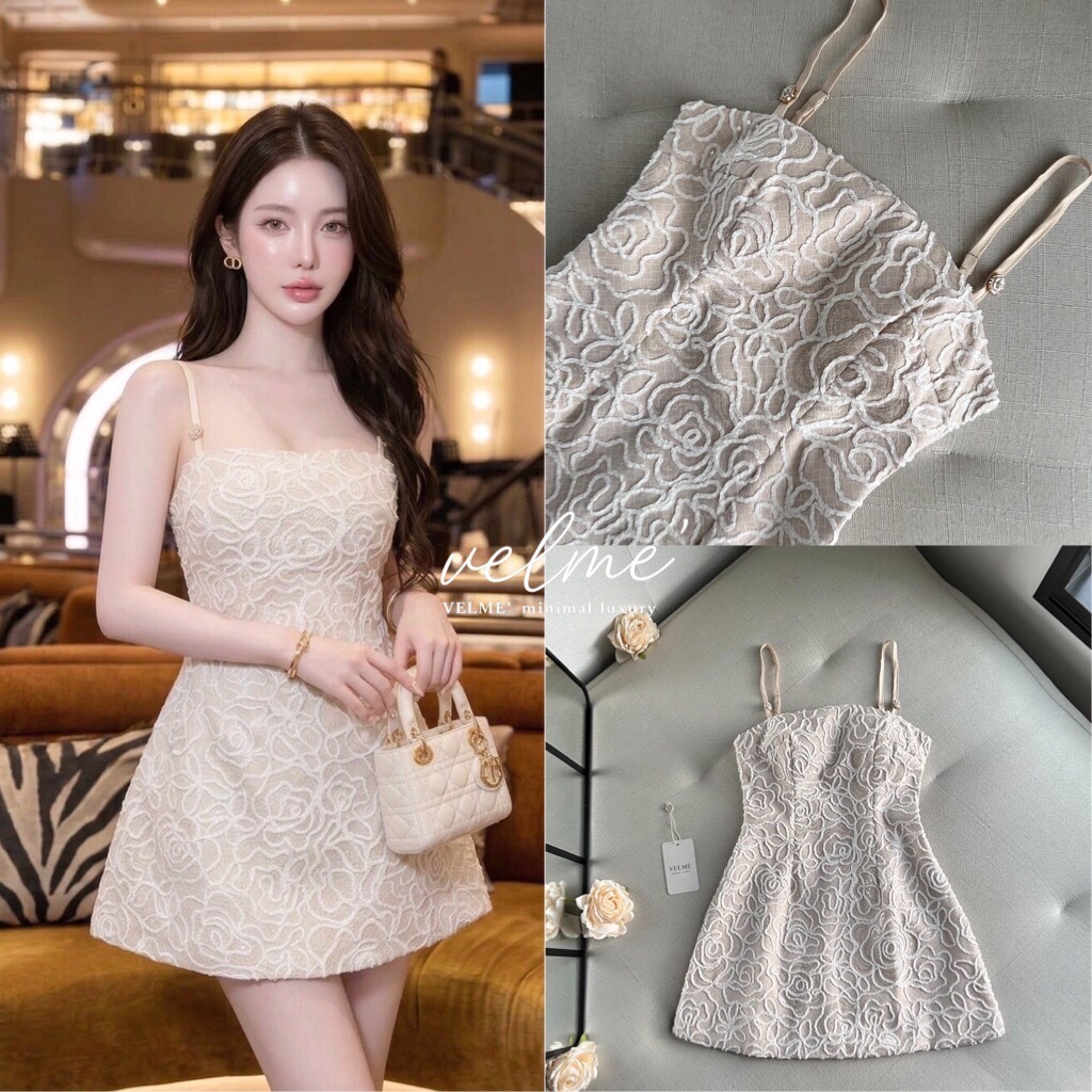 VELME เดรสสั้นMini Dressลูกไม้ปักลายกุหลาบ