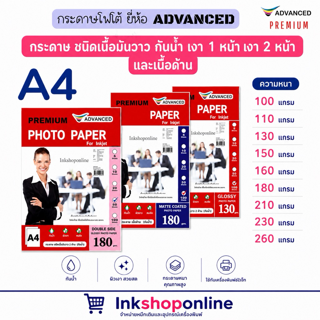 กระดาษโฟโต้ A4 Advanced Premium Photo Paper ขนาด A4  เนื้อมันวาว กันน้ำ glossy paper กระดาษปริ้นรูป inkjet