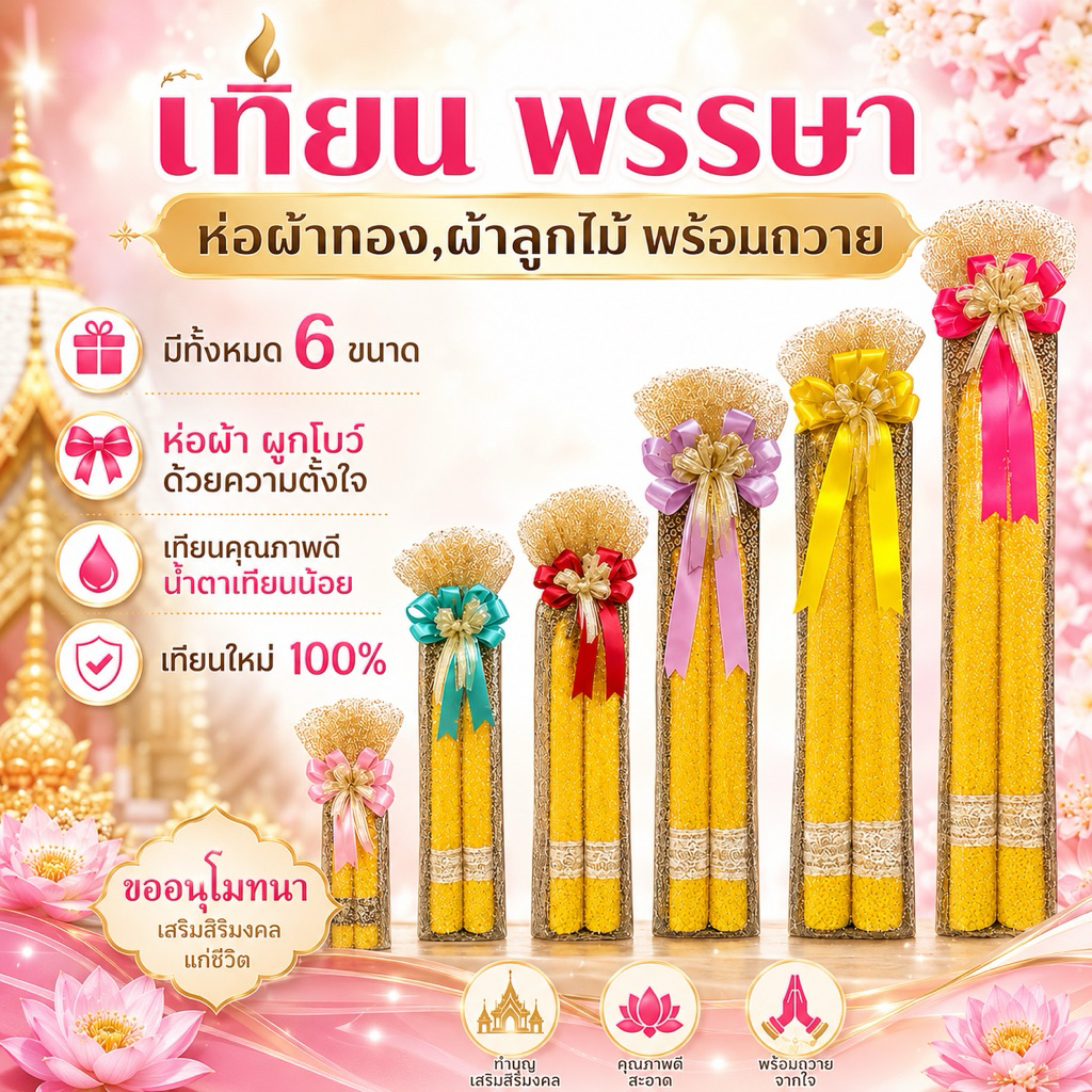 เทียนพรรษาห่อผ้าทอง/ผ้าลูกไม้ พร้อมตกแต่งโบว์ (คละสี)