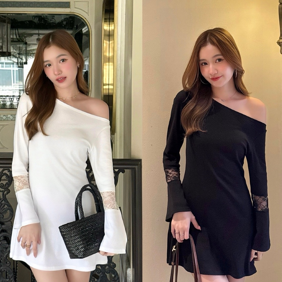 Camelle dress-เดรสปาดไหล่แขนยาวทรงกระดิ่ง แต่งลูกไม้ ลุคลูกคุณหวานหรู ดูแพง ละมุนมาก (เช็คไซซ์ก่อนน้า)