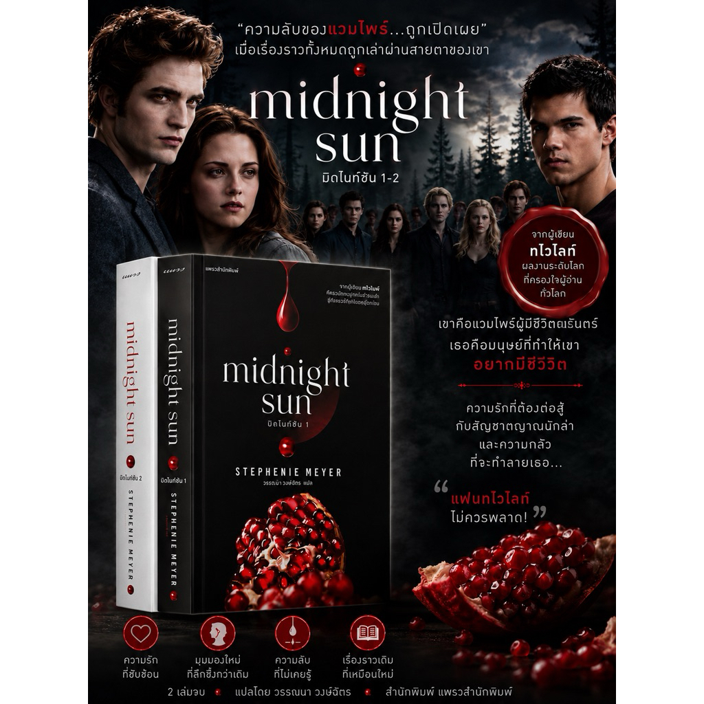 มิดไนท์ซัน midnight sun เล่ม 1-2 (SET 2 เล่ม)  ผู้เขียน: สเตเฟนี เมเยอร์ #การเล่าเรื่องผ่านมุมมองของ เอ็ดเวิร์ด คัลเลน