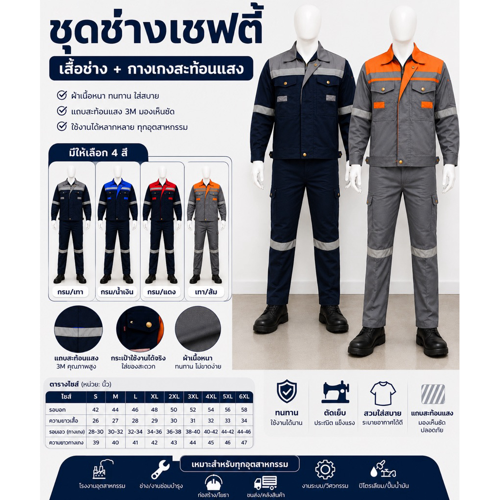 ชุดช่างเซฟตี้ เสื้อช่างทูโทนแขนยาว+ กางเกงสะท้อนแสง6กระเป๋า