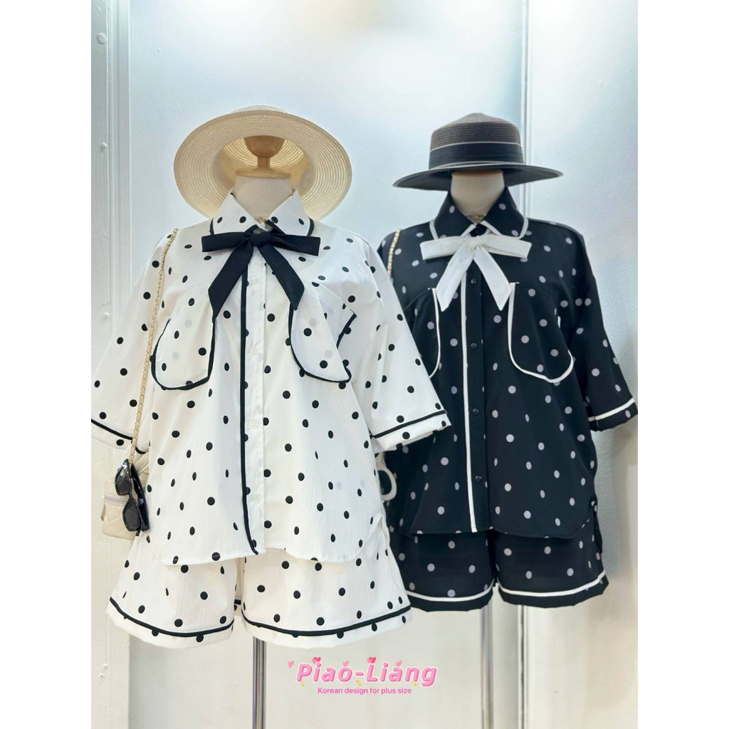 (ส่งด่วน) Polka dot Set.....งานเซต 2 ชิ้นสุดน่ารัก เสื้อเชิ้ตแขนสั้นกุ๊นตัดสี แมทกับขาสั้นลายจุด Bigsize อก 40-54“ (PL)