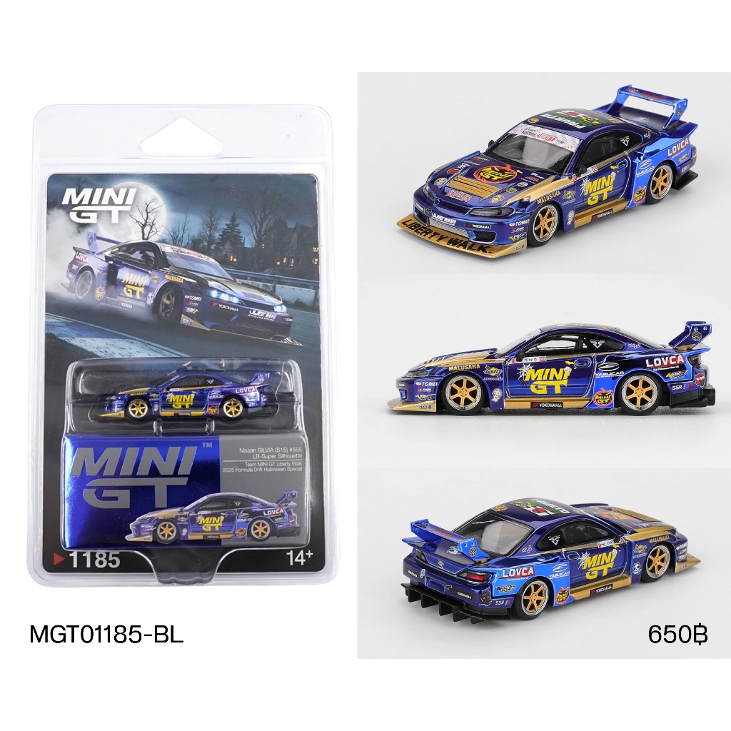 MGT01185-BL🔷 - MINI GT 1/64 NISSAN LB-SUPER SILHOUETTE S15 SILVIA #555 TEAM LIBERTY WALK 2025 FORMULA DRIFT HALLOWEEN