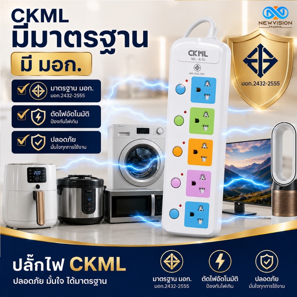 CKML ปลั๊กไฟ 2300W มาตรฐานมอก. รางปลั๊กไฟ 5ช่อง 4ช่อง 3ช่อง 2USB 1Type-C ปลั๊กพ่วง ความยาว 3/5/8/10เมตร มีใหเลือก