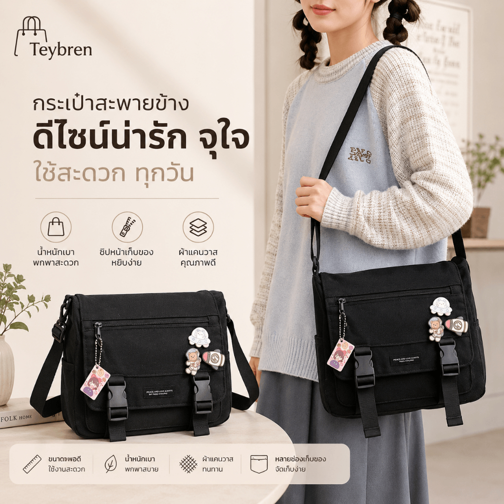 🔥ขายดี กระเป๋าสะพายข้างนักเรียนสไตล์อินส์ ลำลอง ญี่ปุ่น วินเทจ กระเป๋าไปรษณีย์