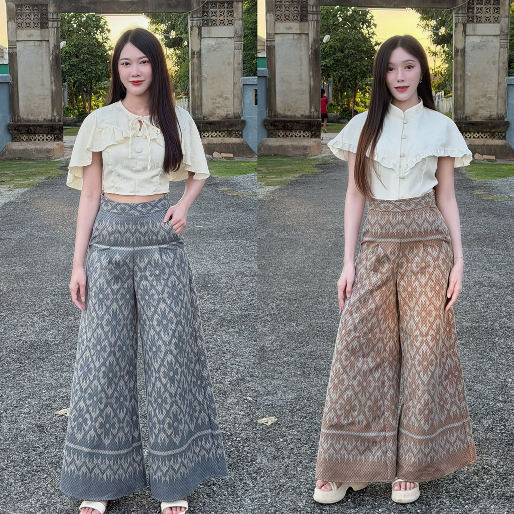 TANTANOD - PTL0006 กางเกงผ้าไทยเอวสูงขาบาน(ผ้าทออัดกาว)