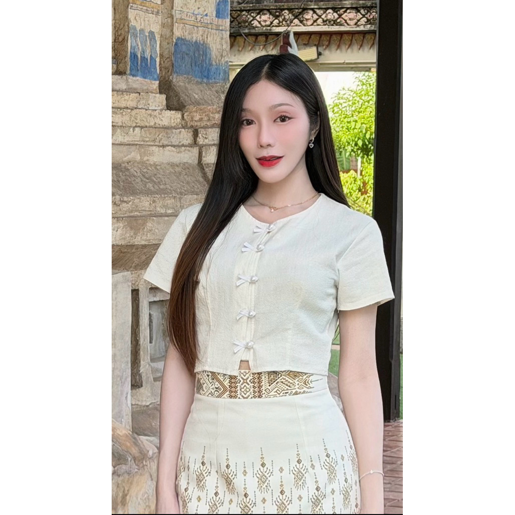 TANTANOD - เสื้อTL21ผ้าฝ้าย เสื้อผ้าไทย กระดุมไข่มุก แต่งก้างปลา