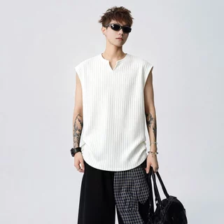💥BecoolMan💥เสื้อยืดฤดูร้อน ผ้าลายริ้ว คอวี รุ่นบาง แขนกุด เย็น ระบายอากาศได้ดี หลวมสบาย รุ่นสำหรับทั้งชายและหญิง