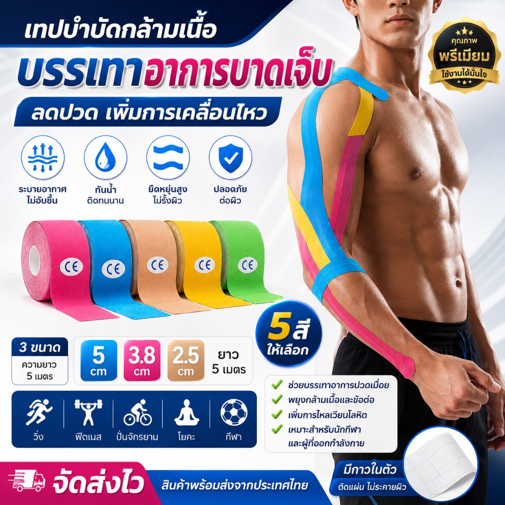 เทปกายภาพ เทปพยุงกล้ามเนื้อ กันน้ำ ระบายอากาศได้ดี บรรเทาอาการปวดเมื่อย เหมาะสำหรับกีฬา 5สีให้เลือก ยาว 5 เมตร ส่งจากไทย