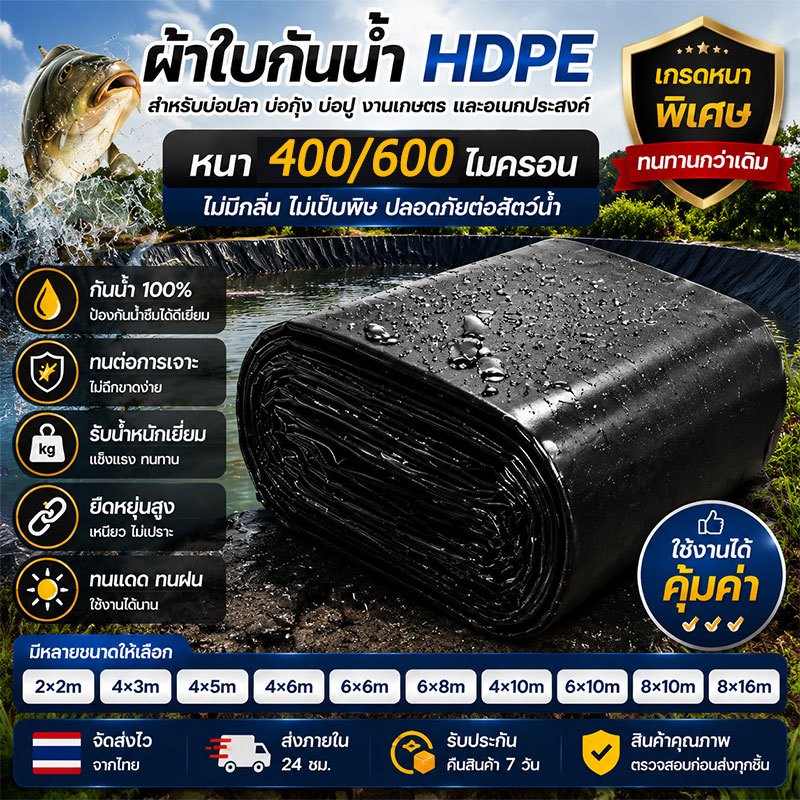 ผ้ายางปูบ่อปลา พลาสติกปูบ่อ หนา 400/600ไมครอน สีดำ ผ้ายางปูบ่อ ปูบ่อน้ำ ปูบ่อปลา สระน้ำ โรงเรือน พลาสติกโรงเรือน HDPE
