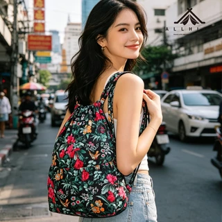 กระเป๋าหูรูดสะพายหลัง ผ้าOxford กันน้ำ ผ้าหนา ความจุใหญ่ หนักเบา ลายดอกไม้ ใส่ฟุตบอล/ของใช้ 46x31x15ซม.