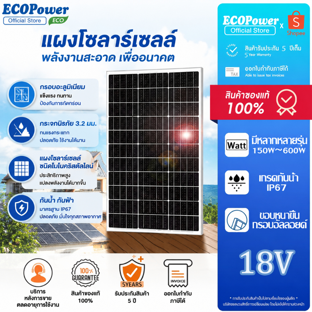 แผงโซล่าเซลล์ แผงโมโน Solar Panel 150W200W300W400W500W Solar cell และมีการรับประกันคุณภาพ