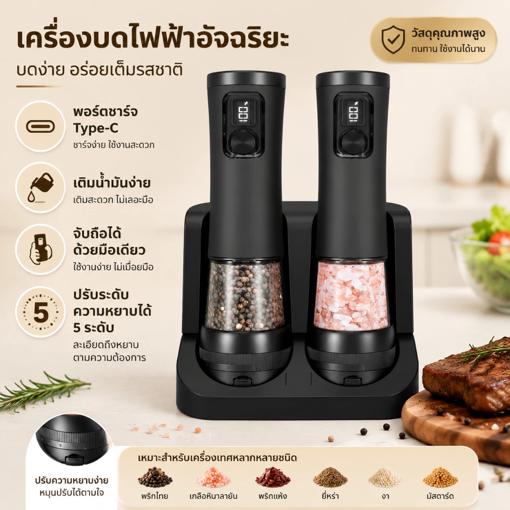 INSMART เครื่องบดพริกไทยไฟฟ้า 2 ชิ้น USB-C หน้าจอดิจิทัล ปรับ 5 ระดับ มีไฟ LED