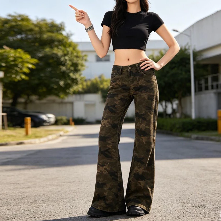 Aurae 👖🟤🌿กางเกงยีนส์ขาบานเอวสูงสายพรางวินเทจ ผ้าเรียบเนียนรัดรูป ยาวคลุมข้อเท้า