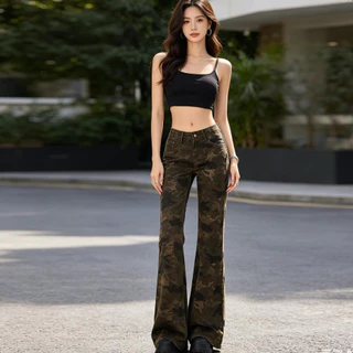 Aurae 👖🟤🌿กางเกงยีนส์ขาบานเอวสูงสายพรางวินเทจ ผ้าเรียบเนียนรัดรูป ยาวคลุมข้อเท้า