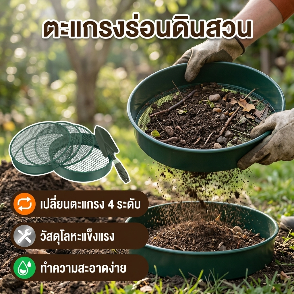 ตะแกรงร่อนดินสวน | โลหะ ขนาด 11.8 นิ้ว | ตะแกรงกรอง 4 ขนาดเปลี่ยนได้ (3/6/9/12มม.) | สำหรับร่อนดินและทราย