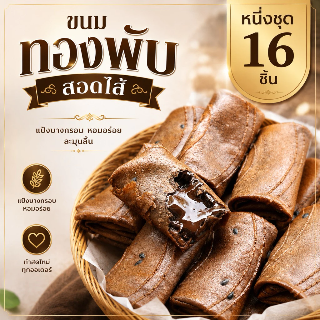 ขนมทองพับทองม้วนสอดไส้ โฮมเมด 16 ชิ้น หวานน้อย ใช้น้ำตาลมะพร้าว
