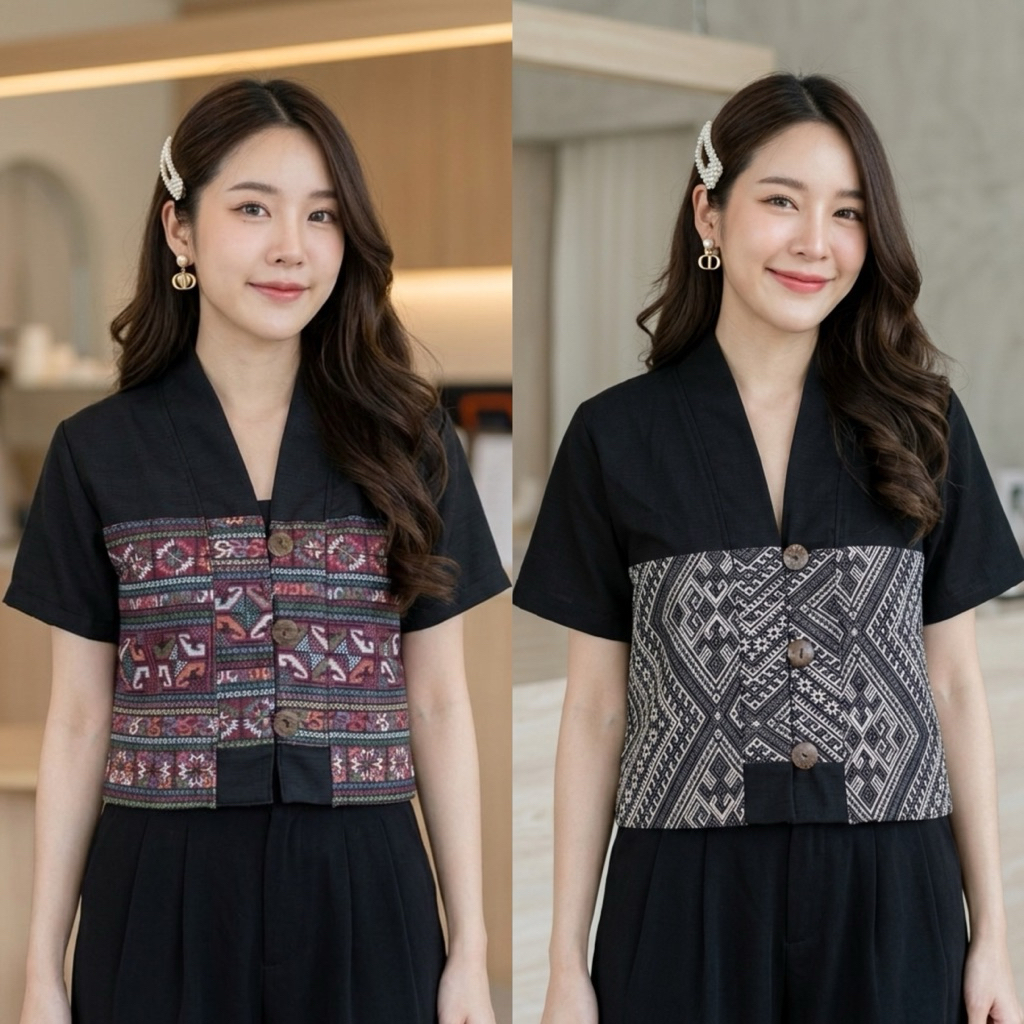 เสื้อผ้าฝ้ายสีดำ คอวี ผู้หญิง แต่งเทปผ้าทอ กระดุมกะลา ผ้าสวย อยู่ทรง ขนาดอก 38-42นิ้ว เสื้อผ้าแฟชั่นผู้หญิง