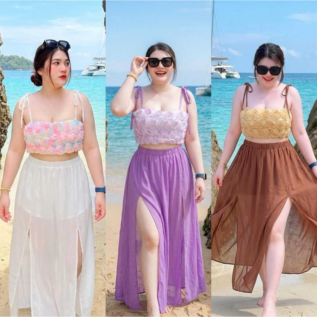 ชุดเซ็ทใส่ไปทะเล สำหรับสาวอวบอ้วน สายเดี่ยวกุหลาบ3D+กระโปรงชีฟองพริ้วๆ มีซับในกางเกง