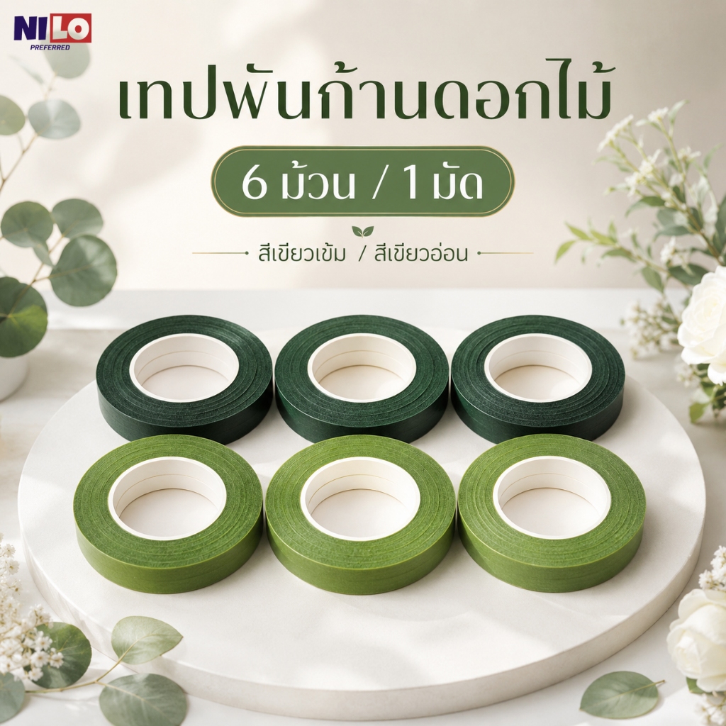 ฟลอร่าเทปสีเขียว 6 ม้วน เทปพันก้านสำหรับช่อดอกไม้และงานประดิษฐ์