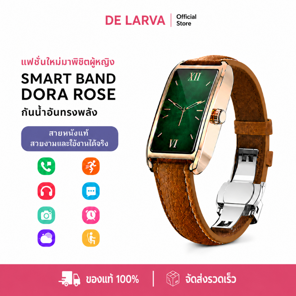 DE LARVA DORAT ROSE นาฬิกาสมาร์ทแบนด์ผู้หญิง ทรงสี่เหลี่ยมหรู เรือนสีทอง สายหนังแท้ - กันน้ำ IP68 รับประกัน 1 ปี