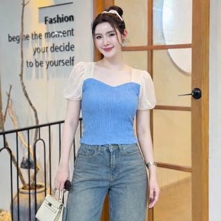 สินค้าพร้อมส่ง เสื้อแฟชั่นทรูโทน ผ้าเปลือกไม้ แขนตุ๊กตาแต่งผ้าชีฟอง ผ้ายืด ใส่สบาย ใส่แมท LG146