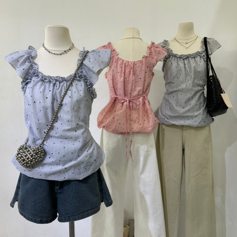 M2221 เสื้อปาดไหล่แต่งระบายลายจุดจิ๋วสุดคิ้วท์
