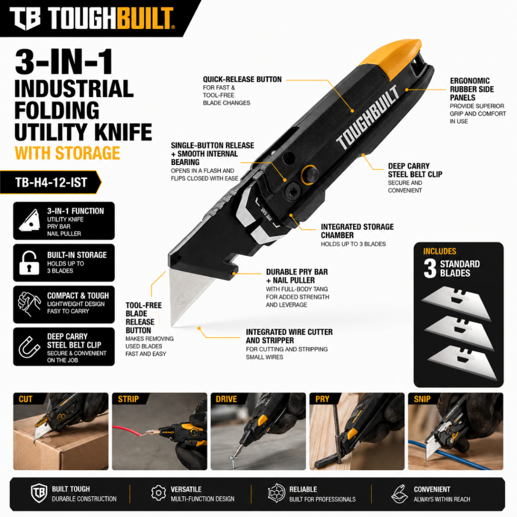 ส่งจากไทย ToughBuilt รุ่น TB-H4-12-IST มีดคัตเตอร์พับพร้อมที่เก็บใบมีด & งัดตะปูในตัว
