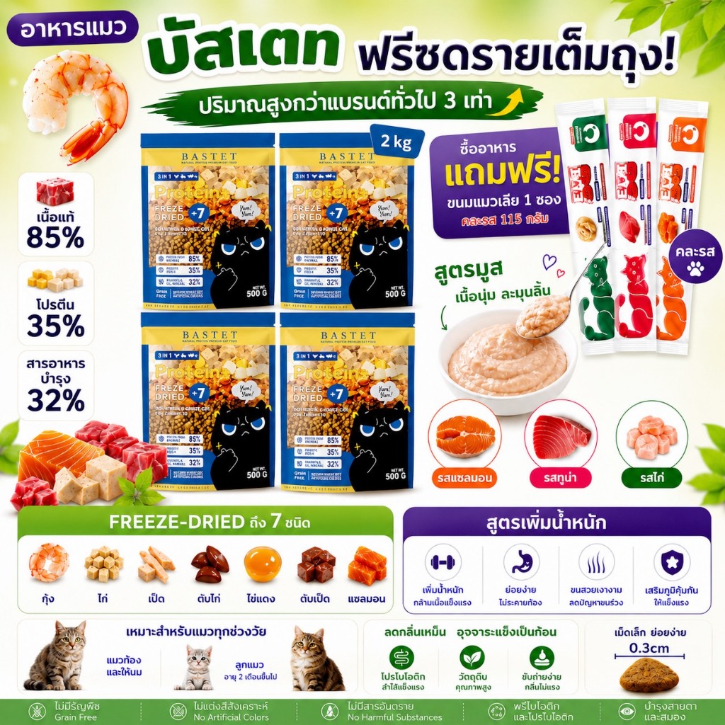 แถมฟรี!ขนมแมวเลีย อาหารเเมวผสมฟรีซดราย7ชนิด 4 ถุง (2 kg) (แมวท้องแมวเด็กกินได้)ขนสวย/ย่อยง่าย/แมวกินเกลี้ยงถุง