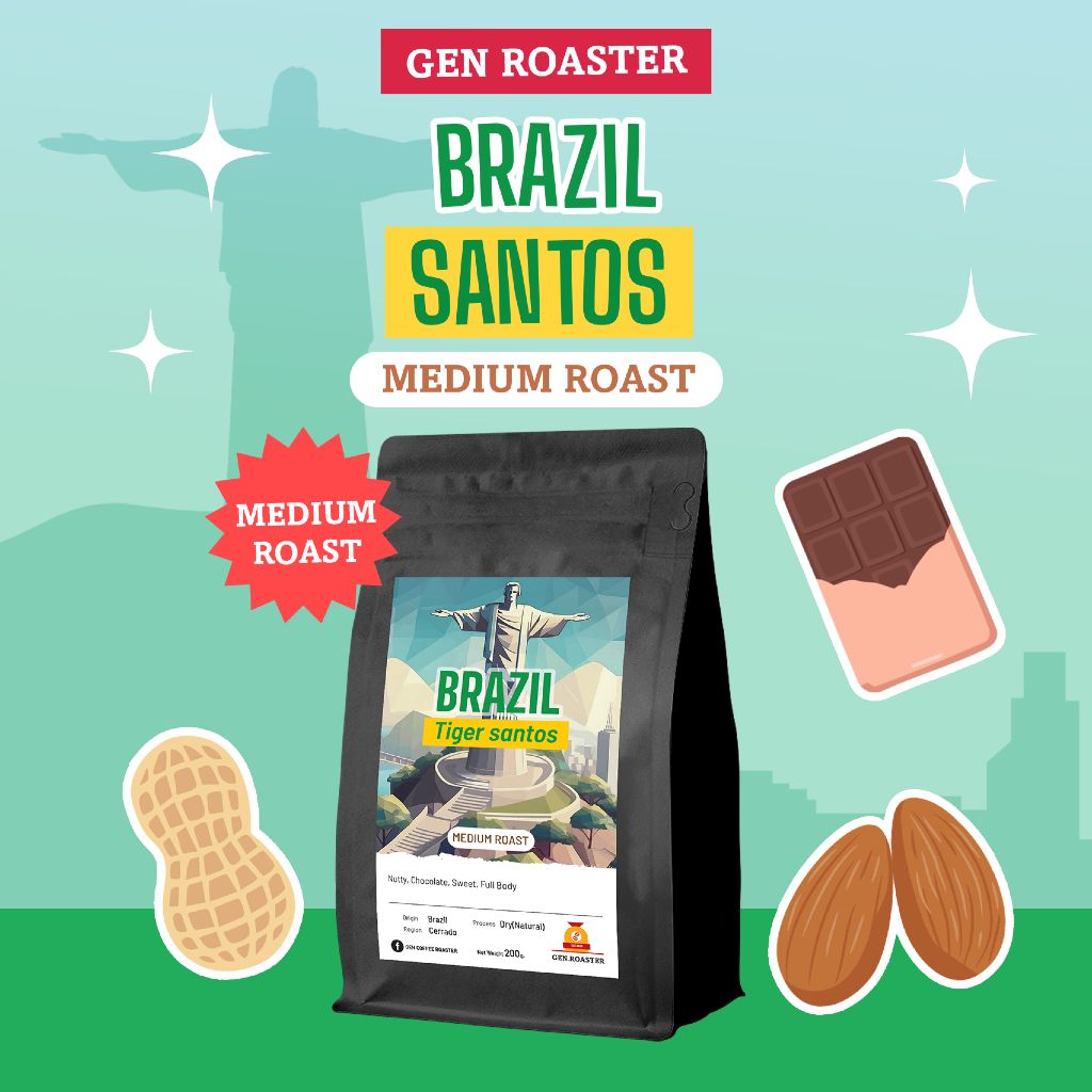 GEN Roaster เมล็ดกาแฟคั่วกลาง Brazil Santos 200-500g. บอดี้แน่น ละมุนไม่ขม Medium Full Body Nutty Process Dry Natural