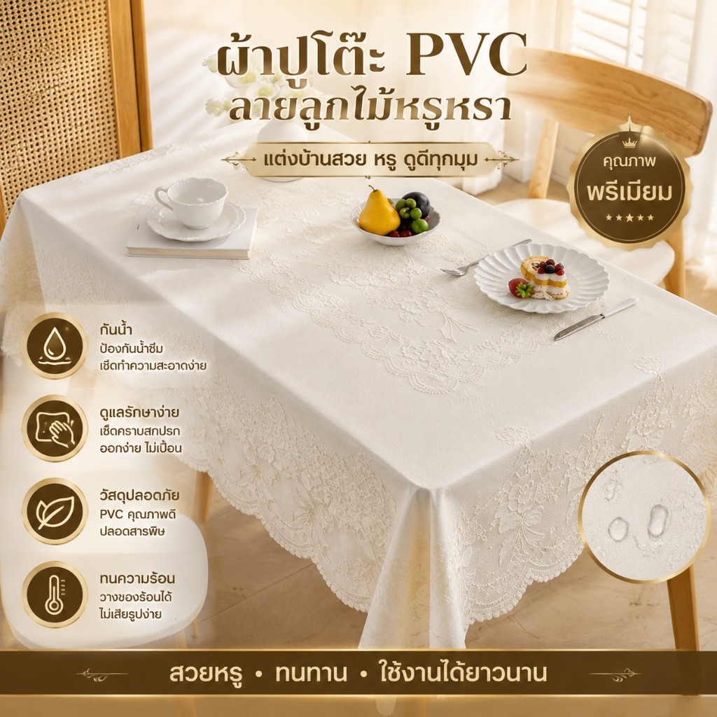 COC ผ้าปูโต๊ะ PVC ลายลูกไม้ดอกไม้ กันน้ำ กันคราบน้ำมัน เช็ดทำความสะอาดง่าย โต๊ะอาหาร