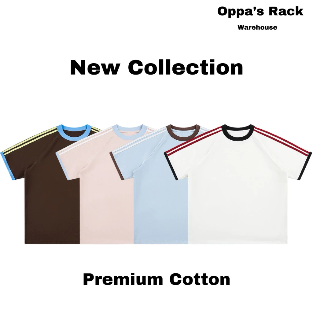 เสื้อยืดแขนแถบ Premium Cotton (สีฟ้าขอบน้ำตาล/สีชมพูขอบฟ้า/สีน้ำตาลขอบฟ้า/สีขาวขอบดำ)