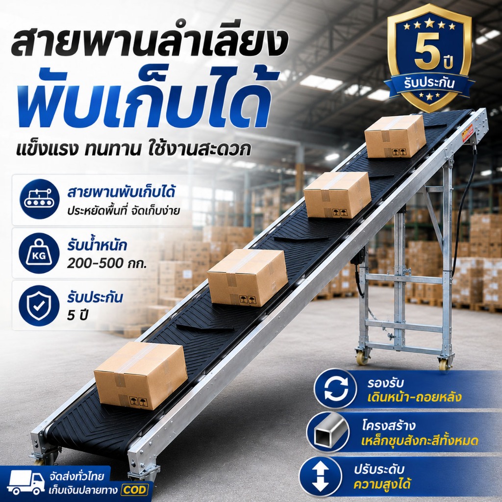 สายพานลำเลียงพับได้ 220V conveyor เครื่องลำเลียงปรับระดับได้ รับน้ำหนักสูงสุด 600kg สำหรับขนของ เมล็ดพืช กระสอบ