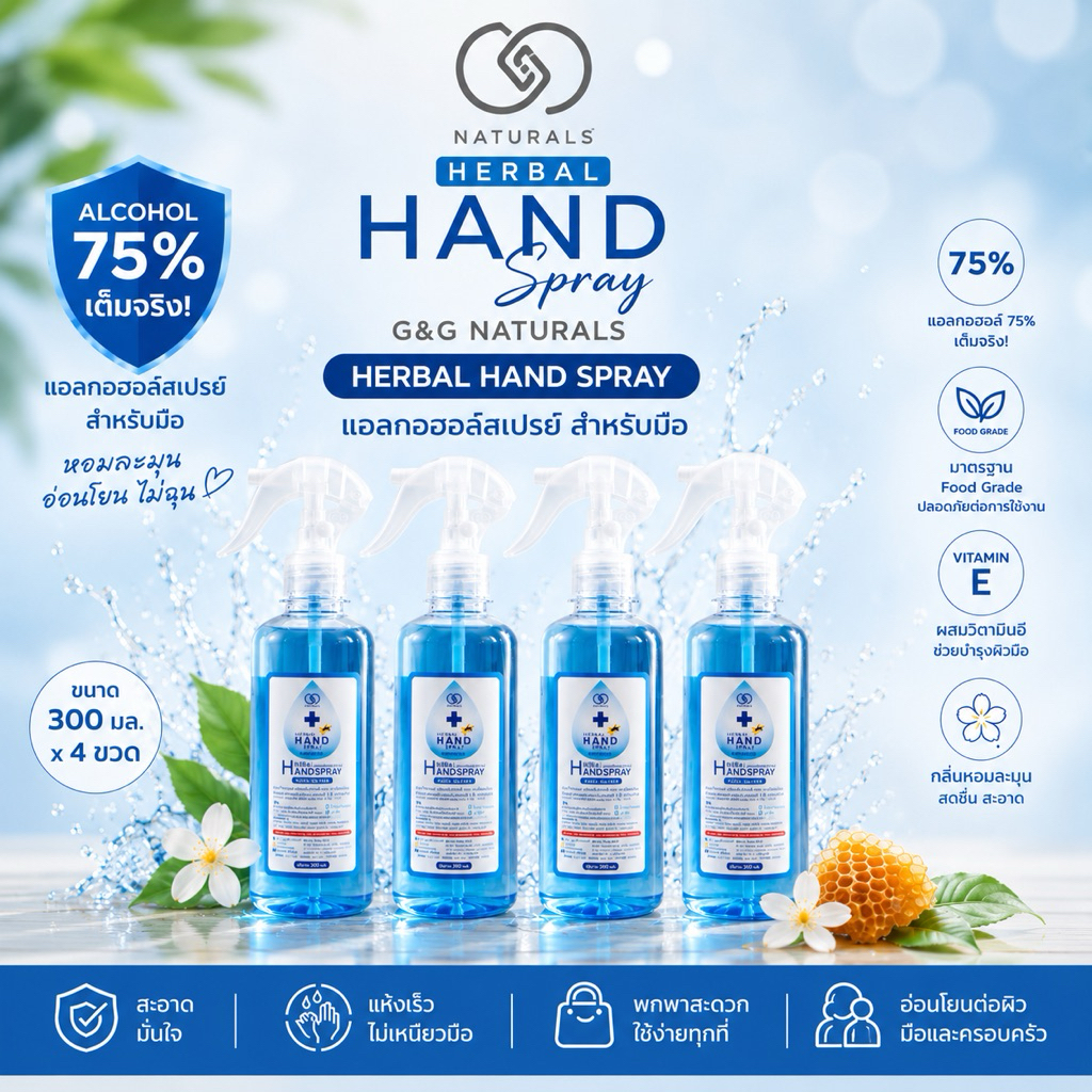 แอลกอฮอล์สเปรย์  ทำความสะอาดมือ กลิ่นแป้งเด็กหอมอ่อน แอลกอฮอล์ 75% เต็ม 300มล. x4 ขวด