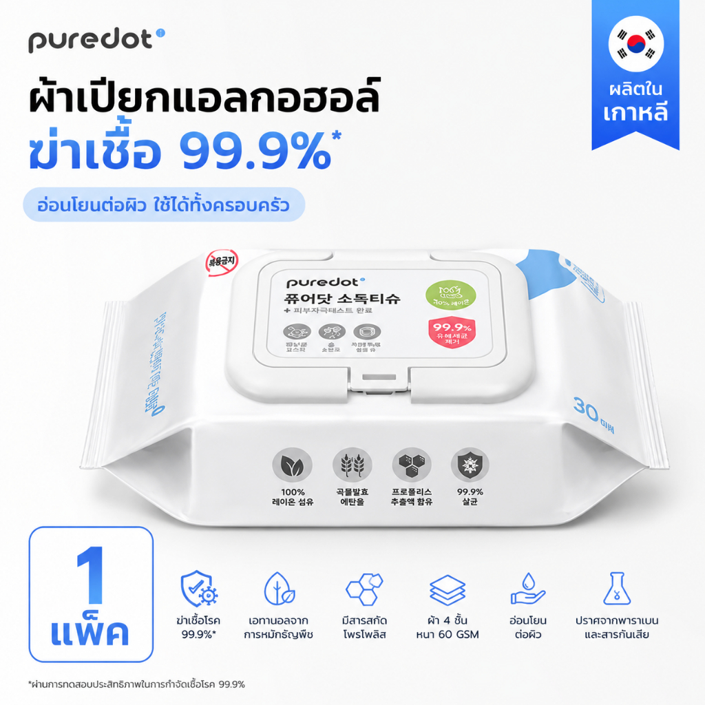 Puredot ผ้าเปียกแอลกอฮอล์ฆ่าเชื้อ 30 แผ่น เอทานอลจากการหมักธัญพืช ผ้าเรยอน 100% ผลิตในเกาหลี