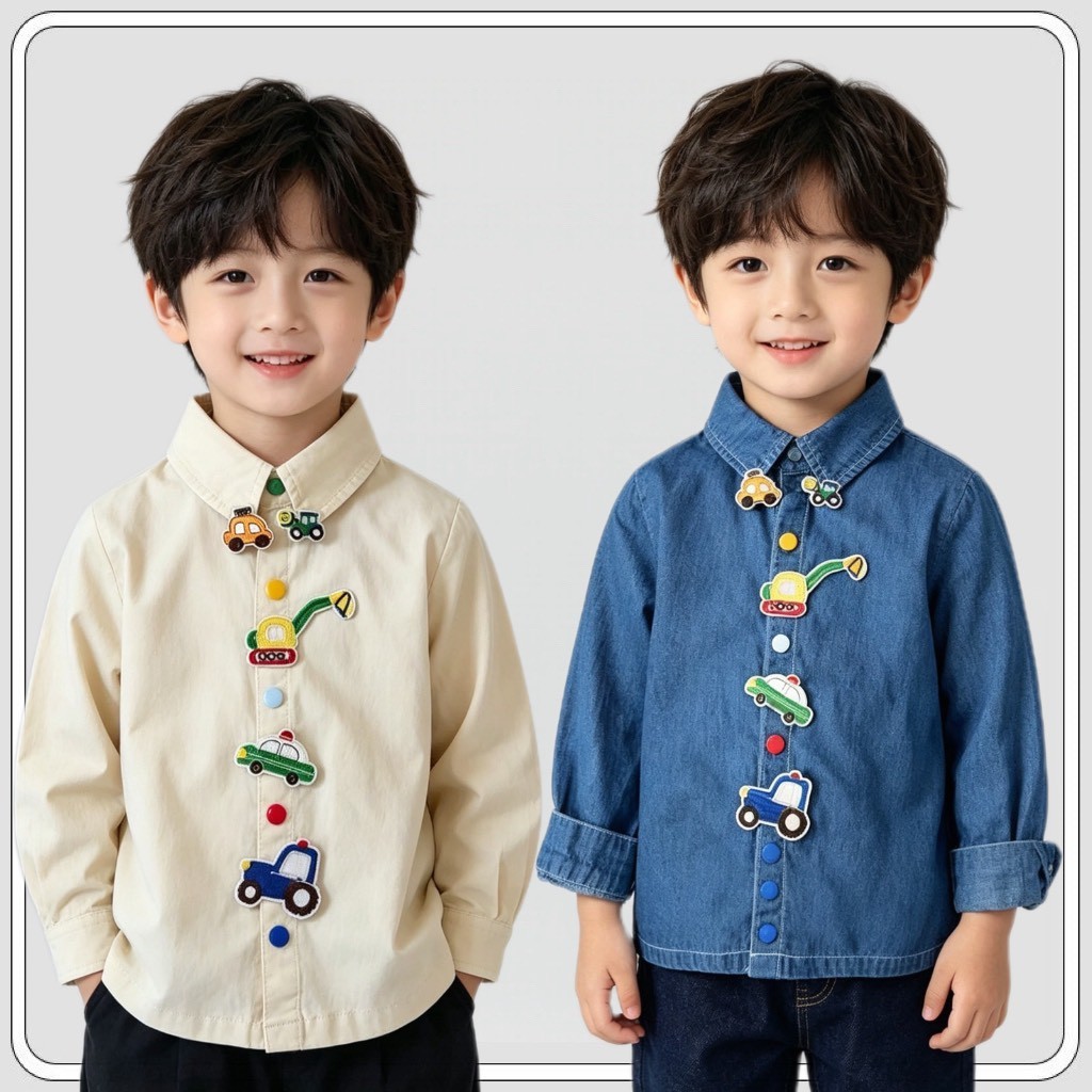MC353 เสื้อเชิ้ตเด็กน้อย แขนยาว ลายเครื่องจักรกลน่ารัก กระดุมสีตัดกัน สวมใส่ง่ายประจำวัน