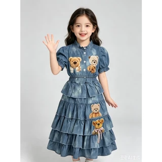 BB355 เซตเสื้อพัฟแขนครอป+กระโปรงกางเกงหลายชั้น ผ้านุ่มเด็กผู้หญิง ตกแต่งตุ๊กตาหมี ชุดฤดูร้อน