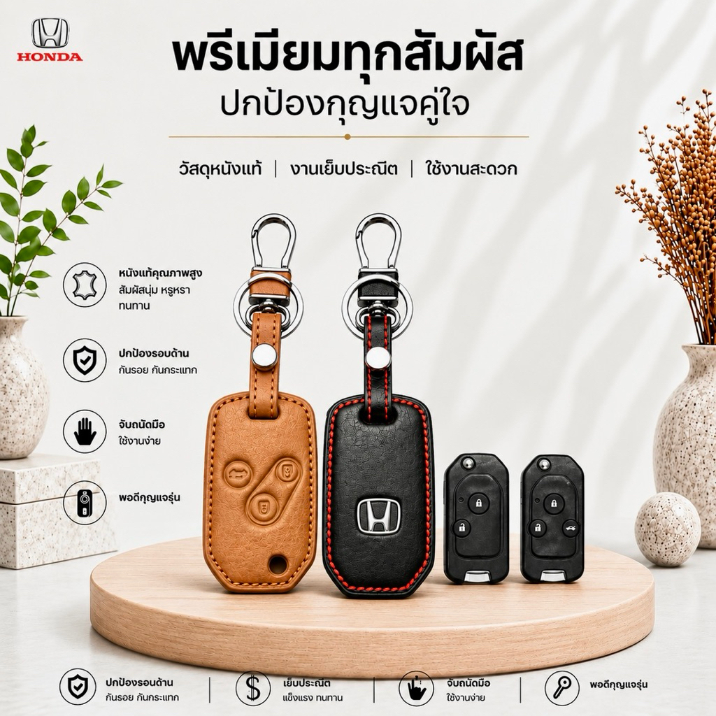 ซองหนังแท้ ใส่กุญแจรีโมทรถยนต์ รุ่นพับข้าง-โลโก้เหล็ก Honda 2,3 ปุ่ม แบบแปลงรีโมท