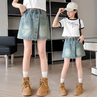 BEAR BABY พร้อมส่งจากไทย กางเกงขาสั้นสไตล์เกาหลีสำหรับเด็กผู้หญิง กางเกงกระโปรงยีนส์ ทรงสวย แมทช์ง่าย เอวยางยืด